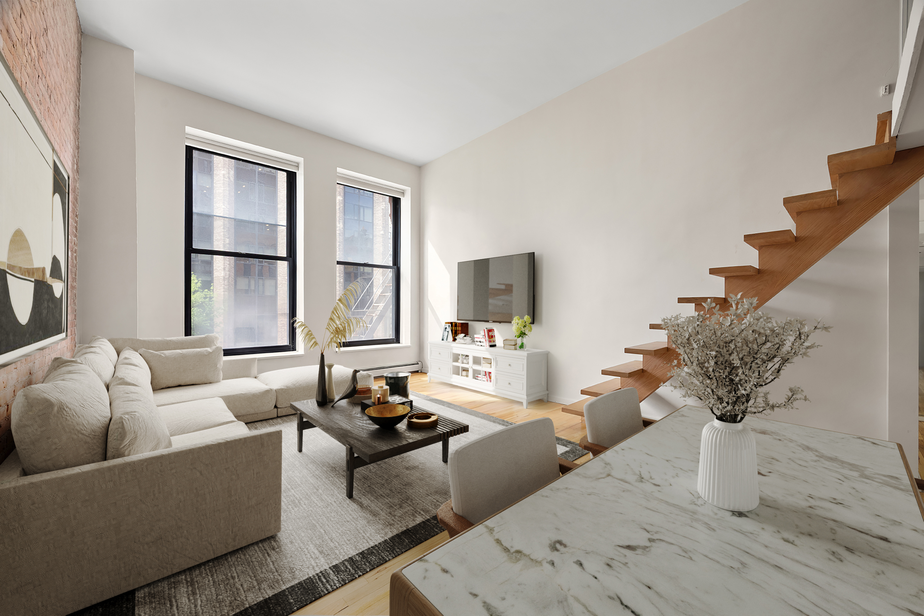 250 Mercer Street, Unit C414 Manhattan, NY 10012 - Photo 2 of 14 a living room with furniture and a flat screen tv