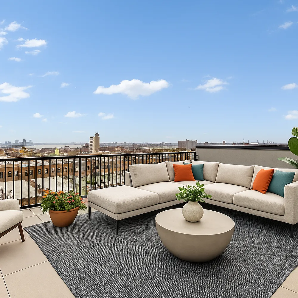 a living room with furniture and a potted plant