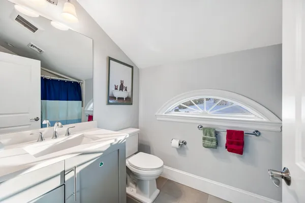a bathroom with a sink a toilet and a mirror