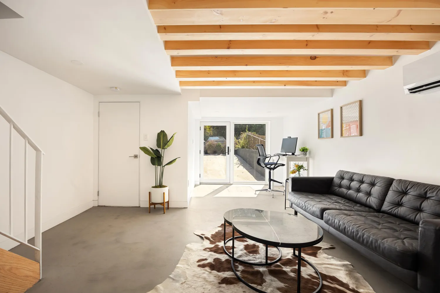 a living room with furniture a rug and a potted plant