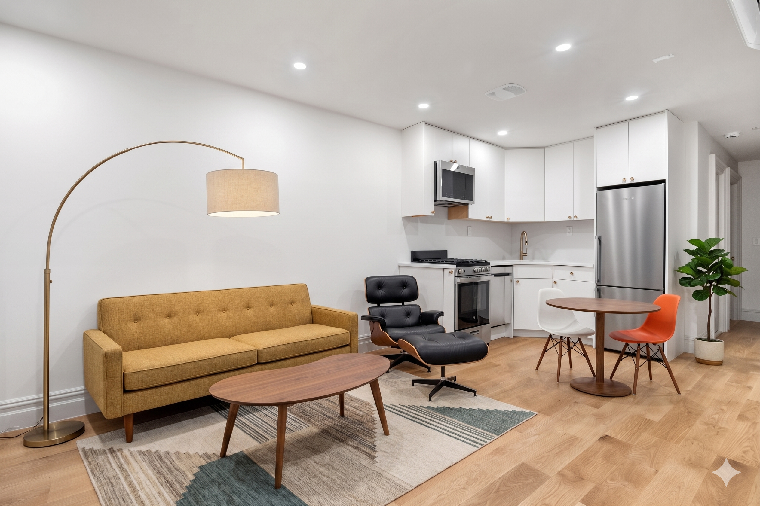 a living room with furniture and kitchen view