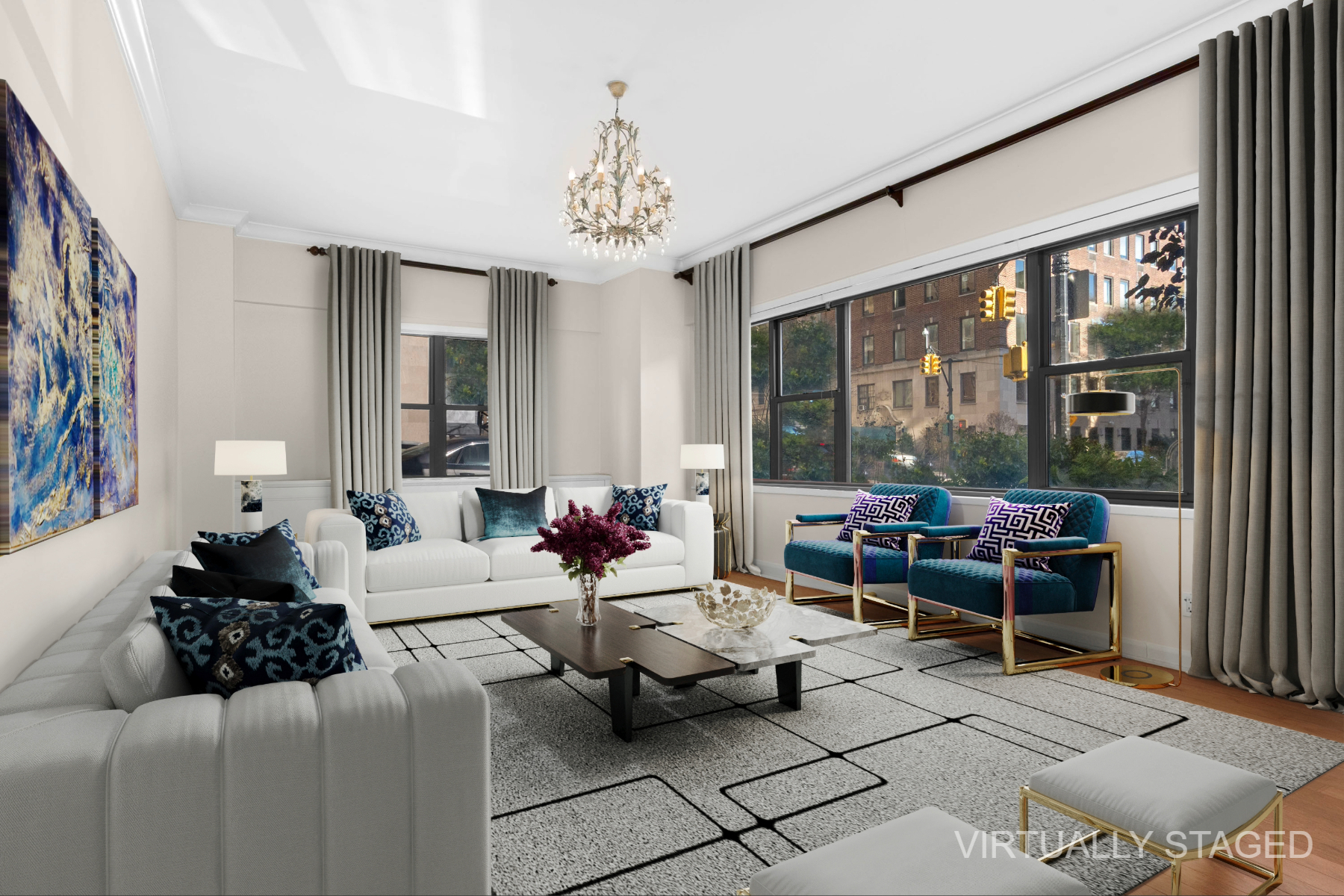 a living room with furniture and a large window