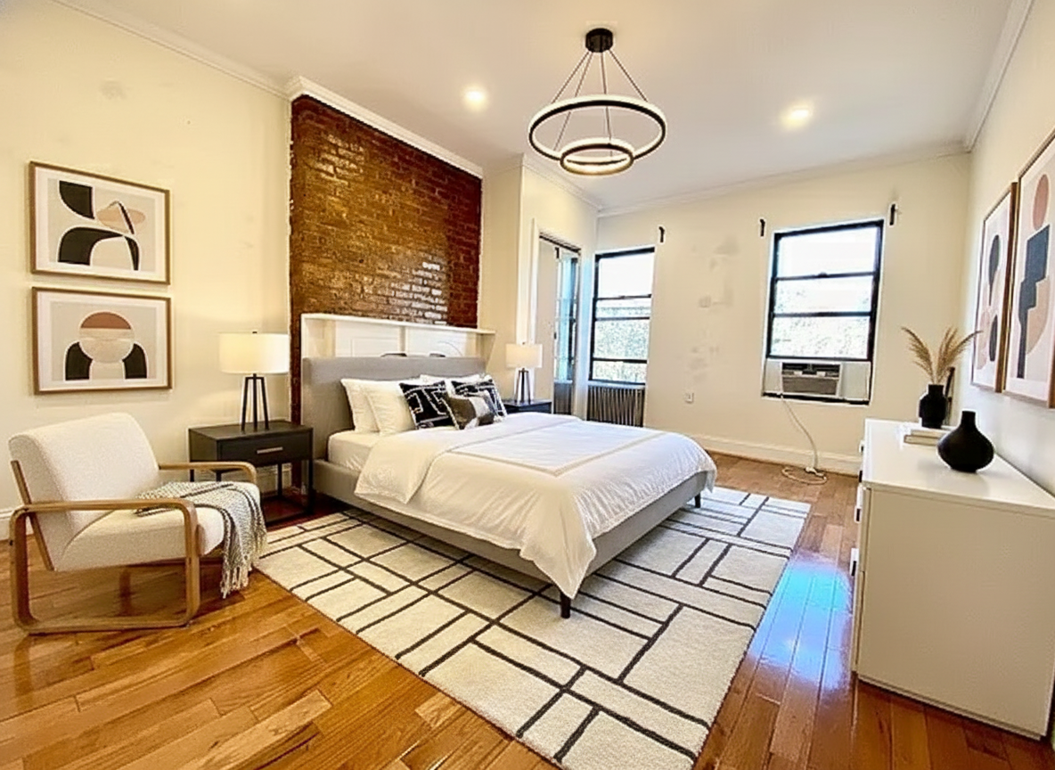 254 Wyckoff Street, Unit 3R Brooklyn, NY 11217 - Photo 4 of 6 a spacious bedroom with a bed a couch and a large window