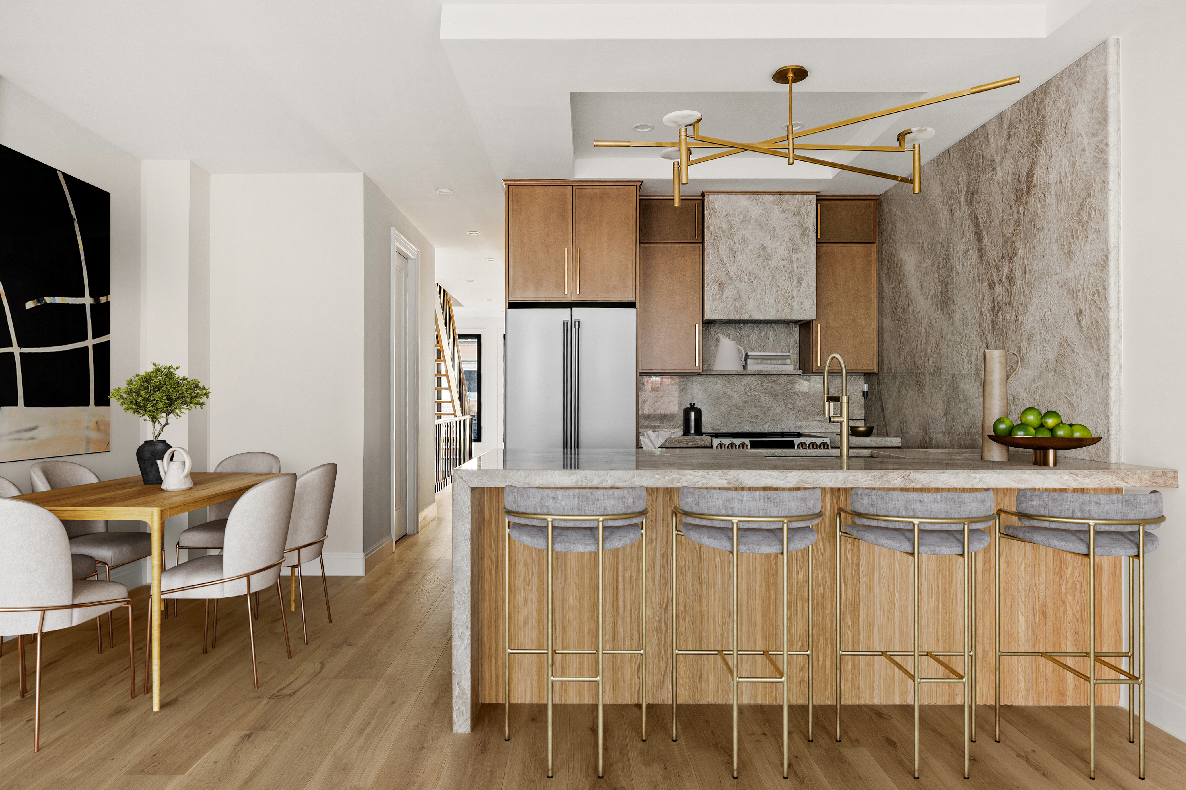 a kitchen with stainless steel appliances granite countertop a white table chairs and a refrigerator