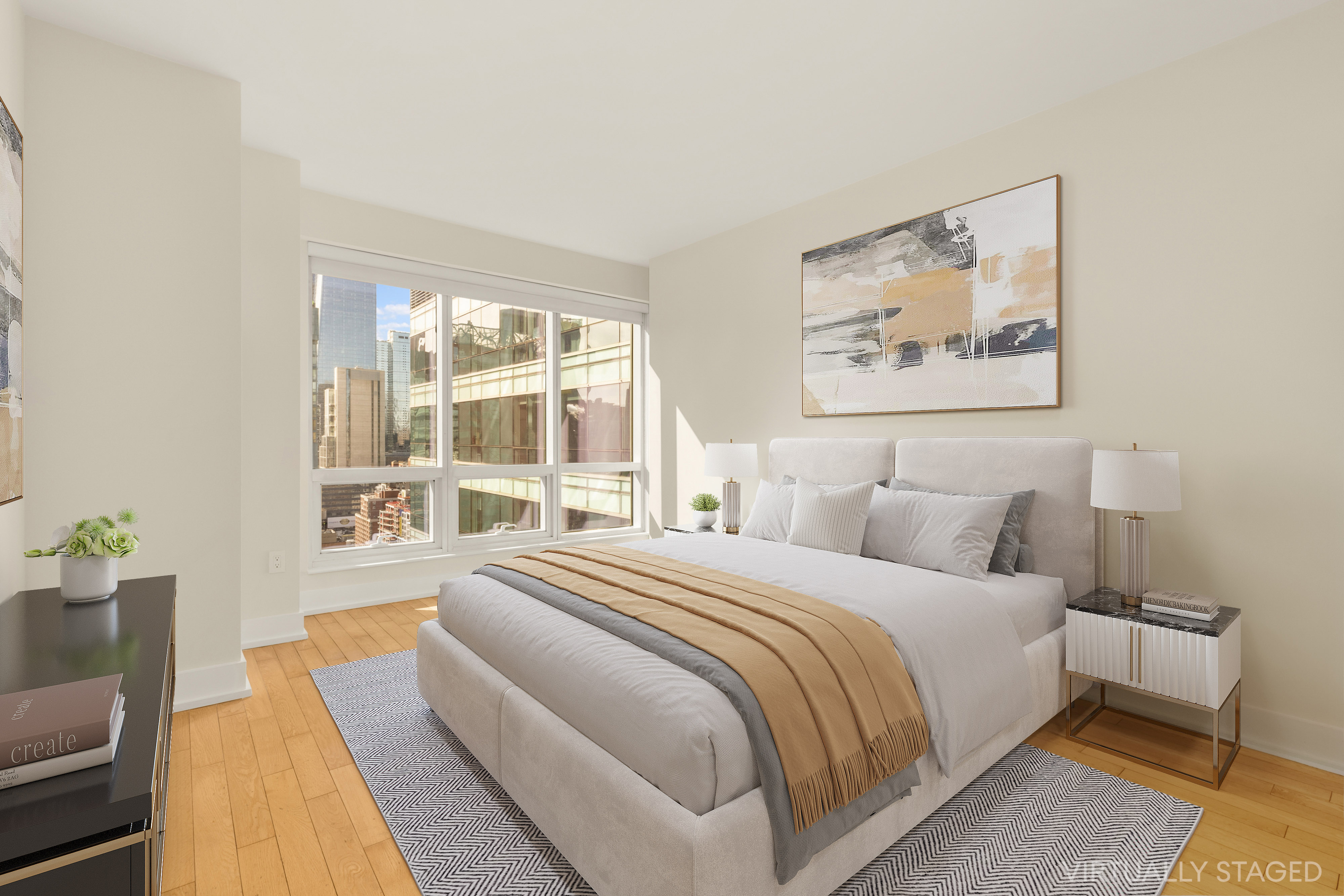 350 West 42nd Street, Unit 26G Manhattan, NY 10036 - Photo 6 of 11 a spacious bedroom with a bed and a large window