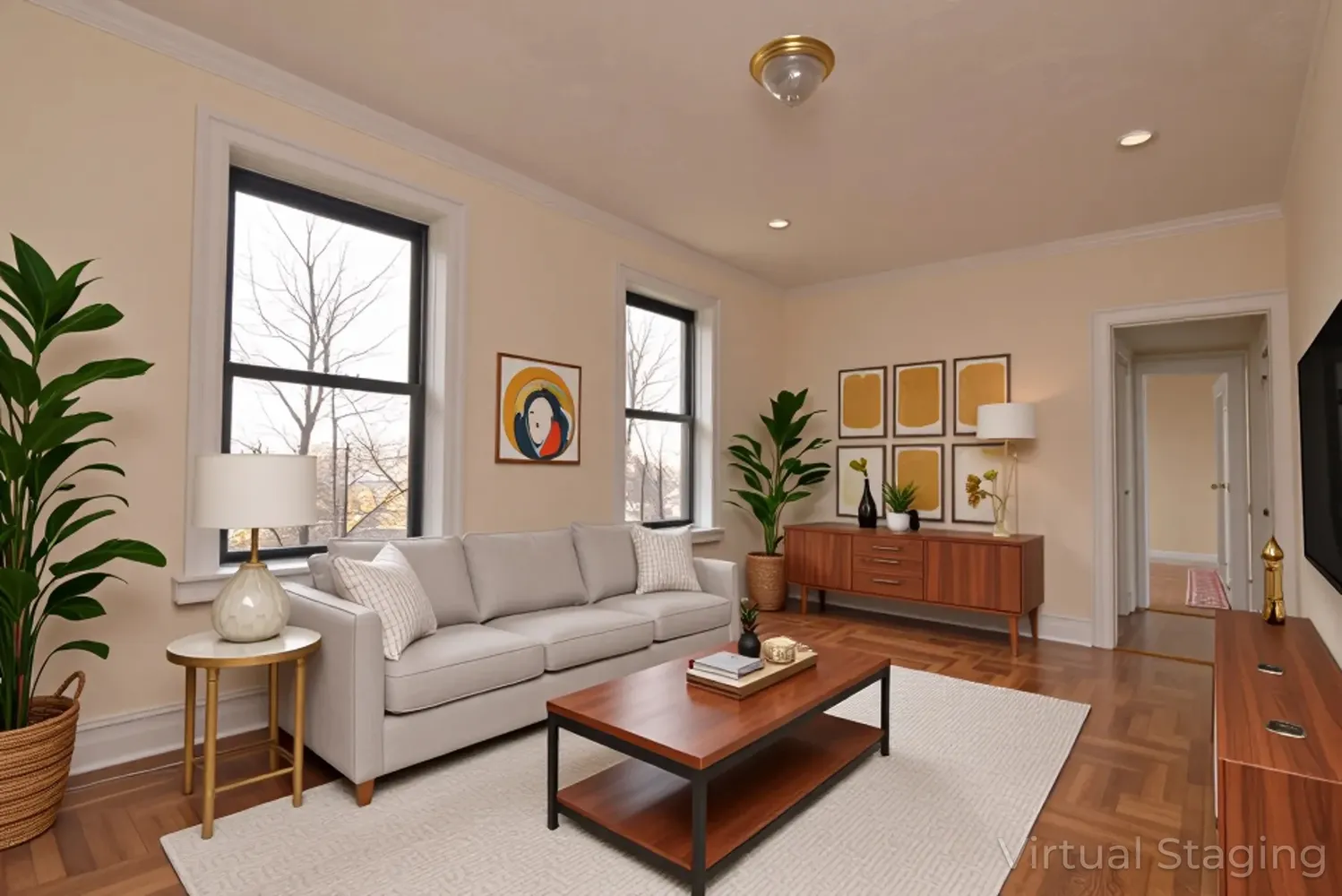 a living room with furniture and a large window