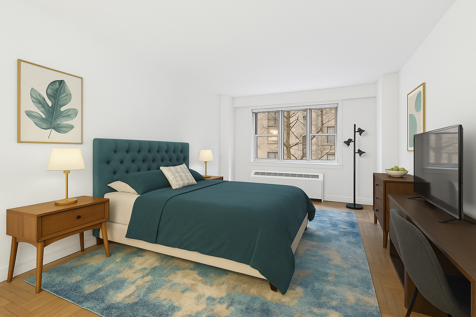 30 West 60th Street, Unit 6K Manhattan, NY 10019 - Photo 2 of 5 a bedroom with a bed and a flat screen tv