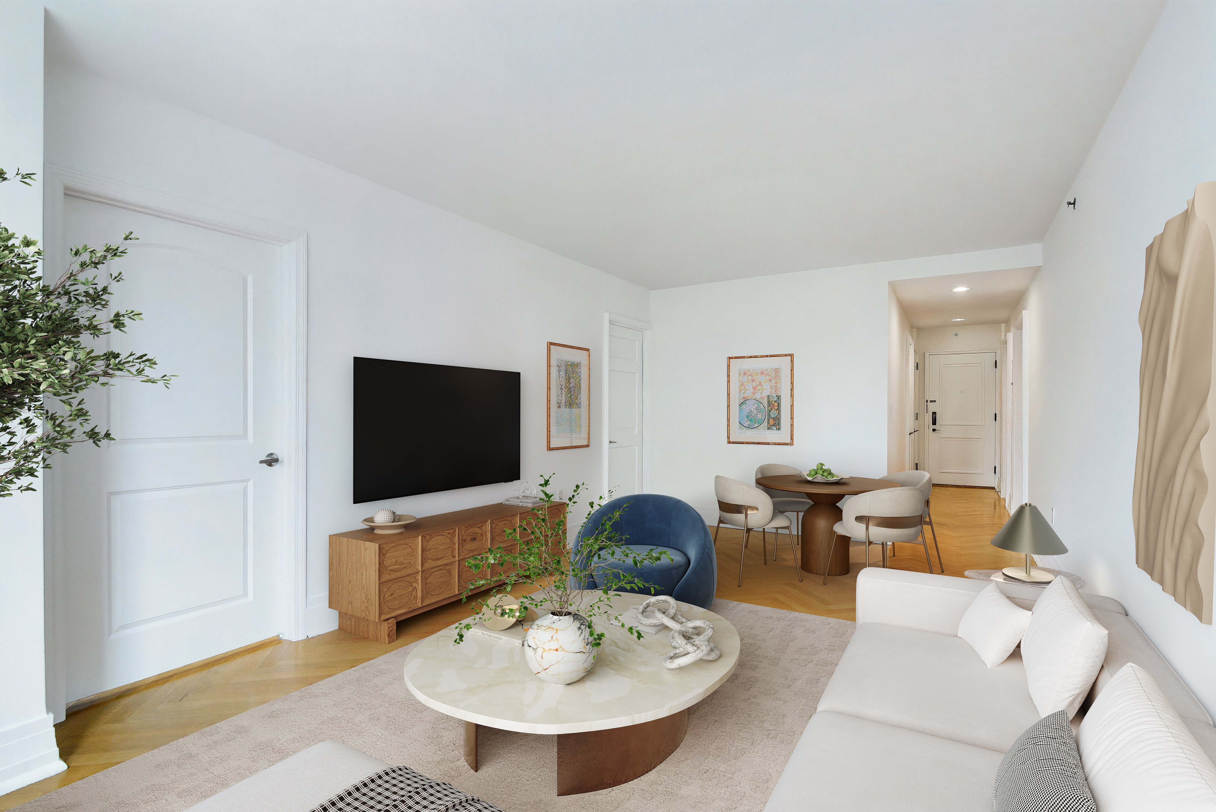 205 East 85th Street, Unit 12H Manhattan, NY 10028 - Photo 2 of 19 a living room with furniture and a flat screen tv
