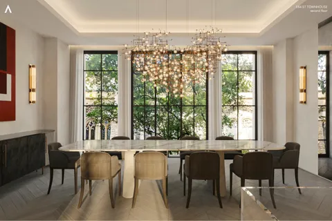 a view of a dining room with furniture and windows