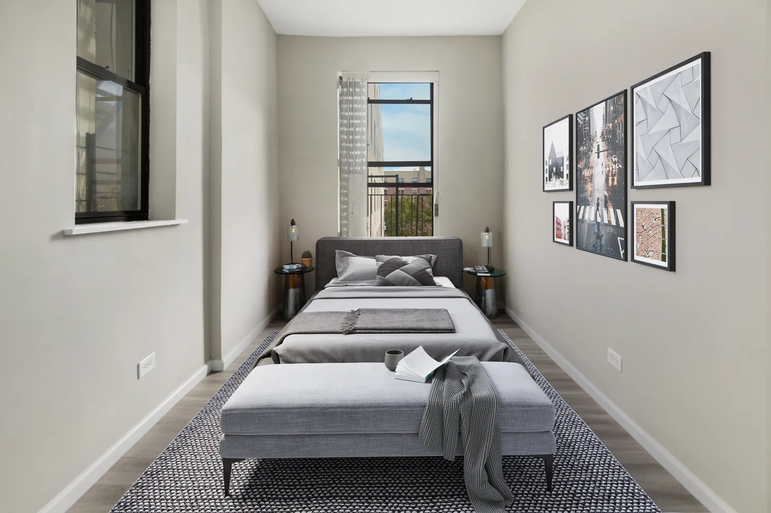 a dining room with wooden floor and furniture