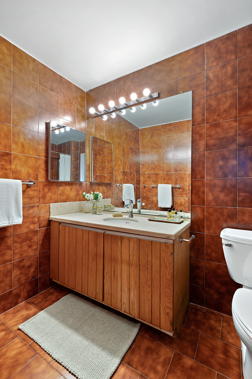 348 West 38th Street, Unit 9E Manhattan, NY 10018 - Photo 8 of 10 a bathroom with a double vanity sink mirror and toilet