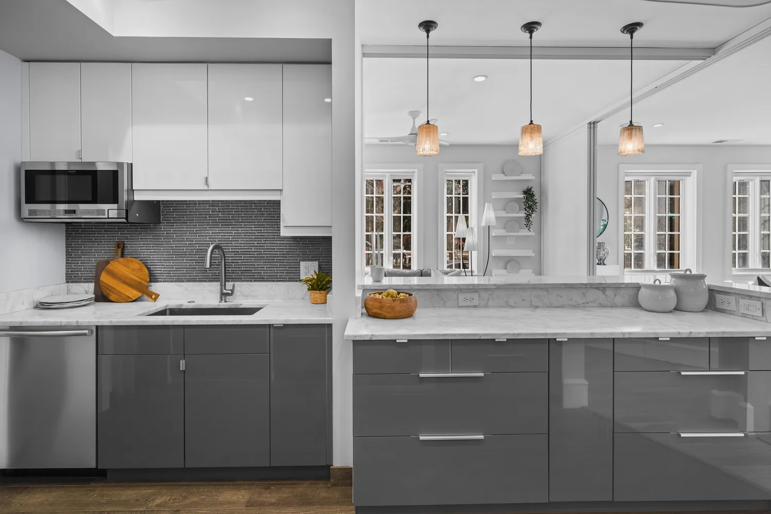 a kitchen with a sink and cabinets