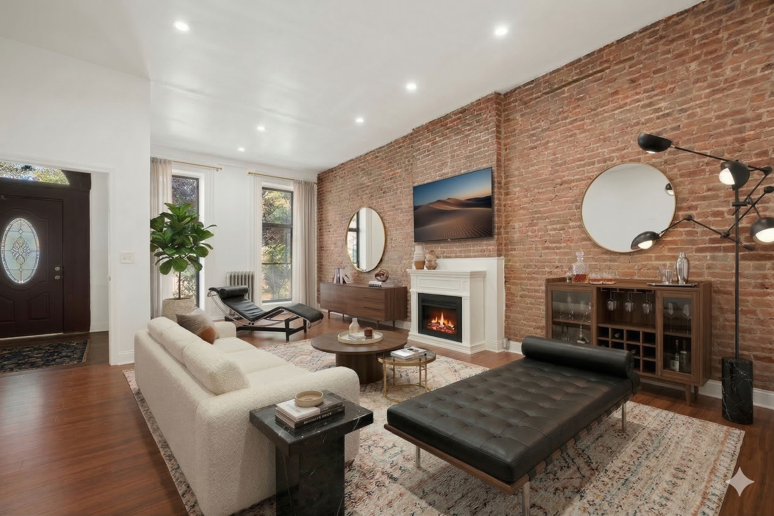 654 Lafayette Avenue, Unit GARDENA Brooklyn, NY 11216 - Photo 1 of 14 a living room with furniture a fireplace a flat screen tv and a large window