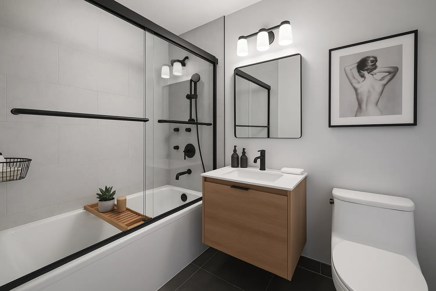 a bathroom with a tub a sink and mirror