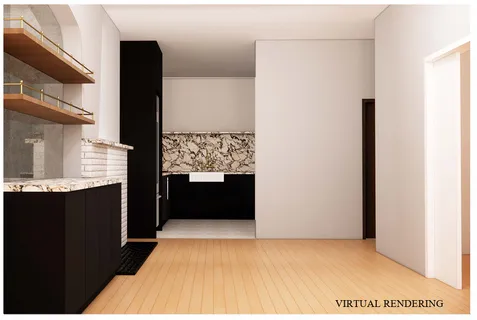 a view of an empty room with kitchen