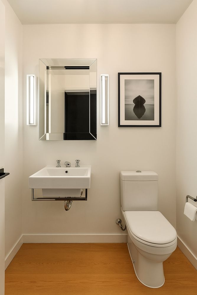 456 West 19th Street, Unit 6/7F Manhattan, NY 10011 - Photo 10 of 13 a bathroom with a toilet a sink and mirror