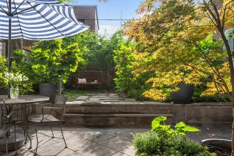 a view of a backyard with chairs and a plants