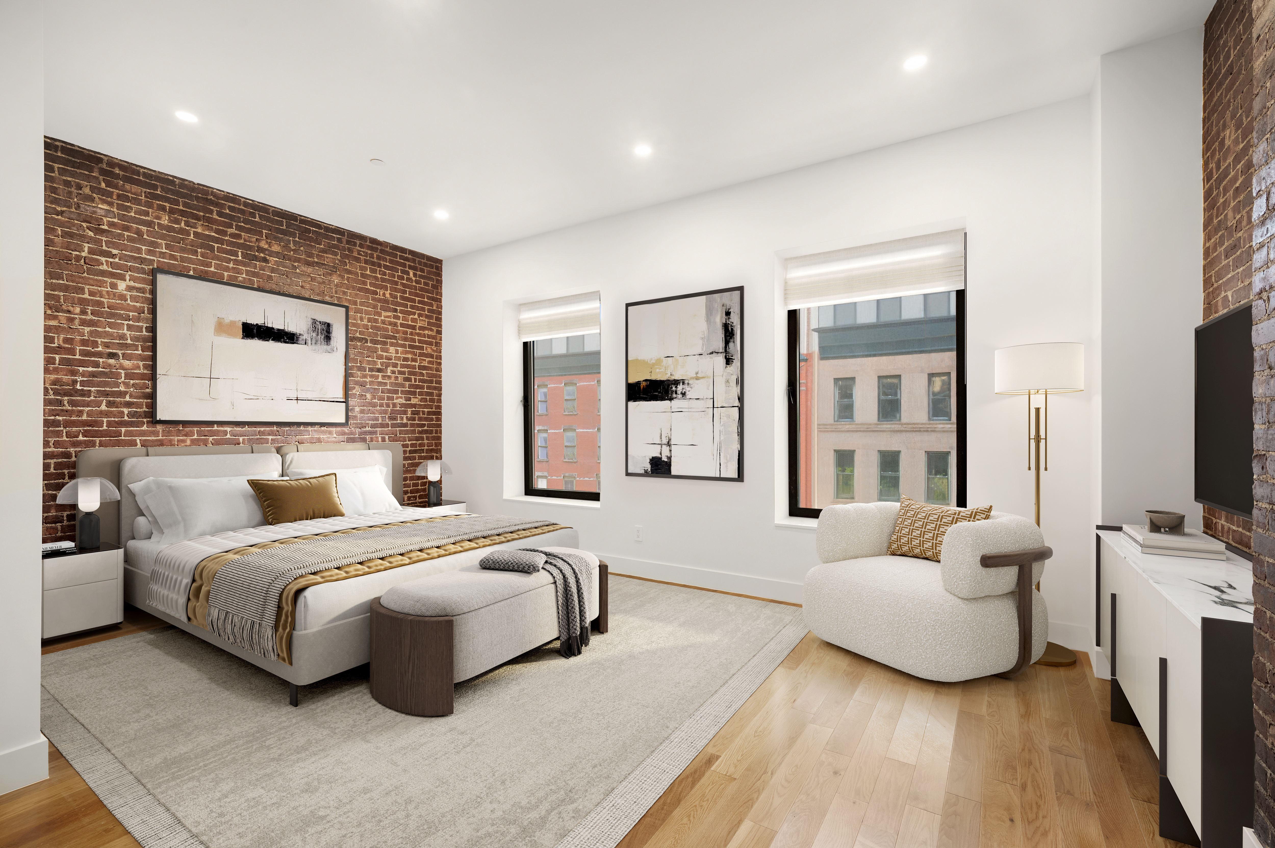 61 West 70th Street, Unit PH Manhattan, NY 10023 - Photo 10 of 18 a bedroom with a bed couch and a flat tv screen