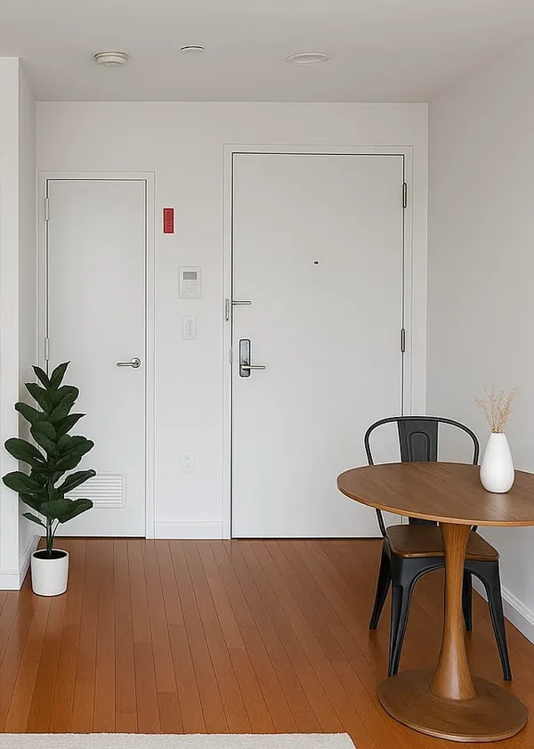 a workspace with furniture and wooden floor