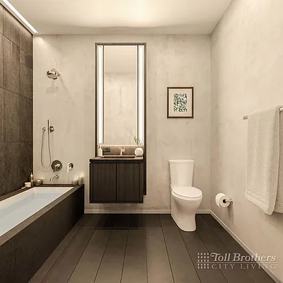 77 Charlton Street, Unit N7D Manhattan, NY 10014 - Photo 2 of 14 a bathroom with a toilet a sink and a mirror