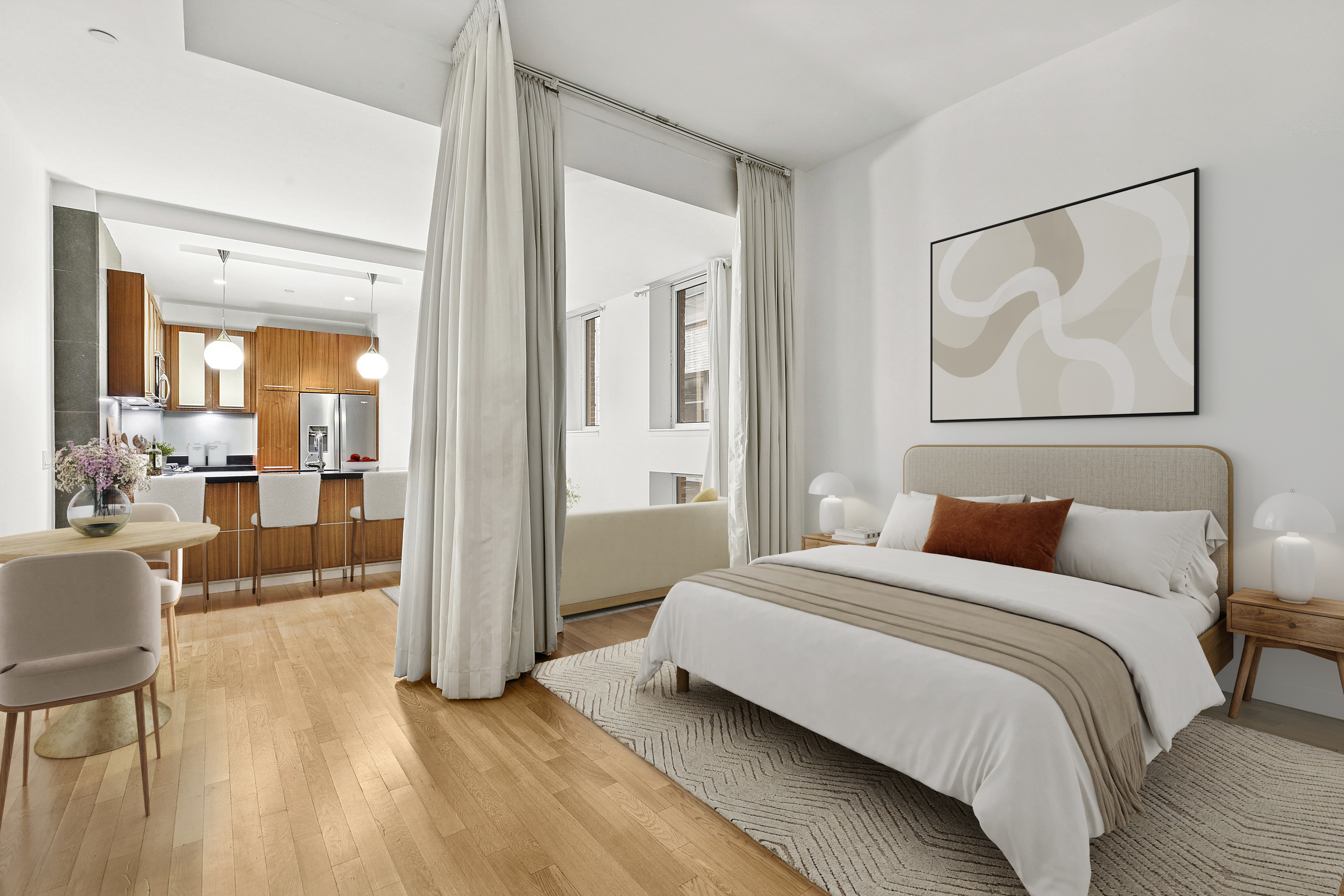 a bedroom with a bed and glass windows