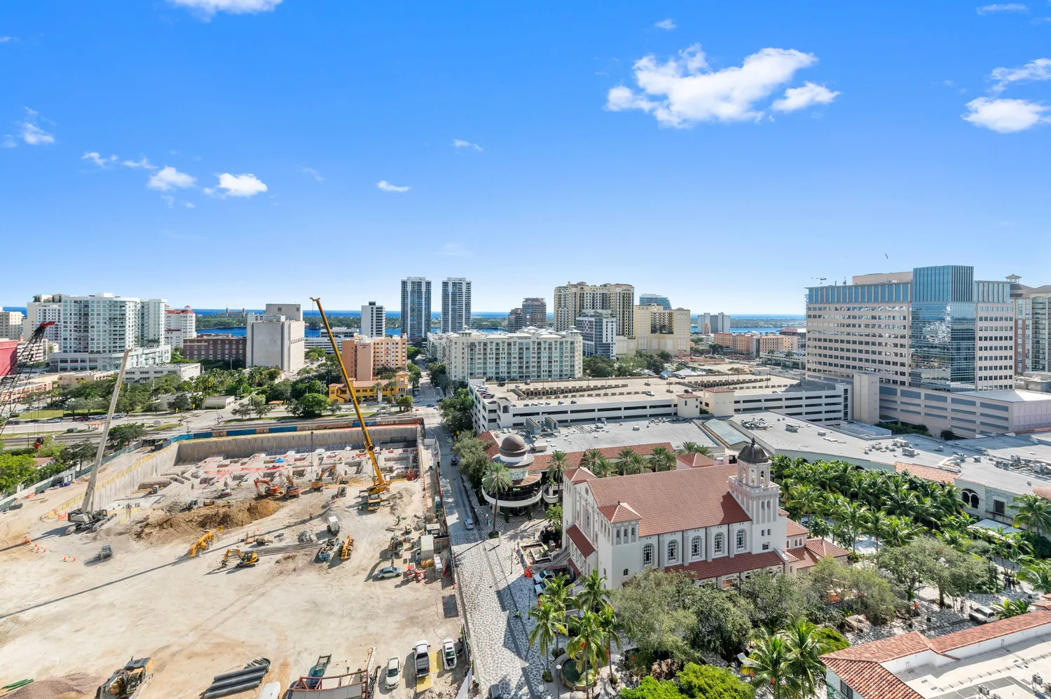 a city view with tall buildings