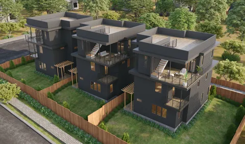 an aerial view of a house with a garden