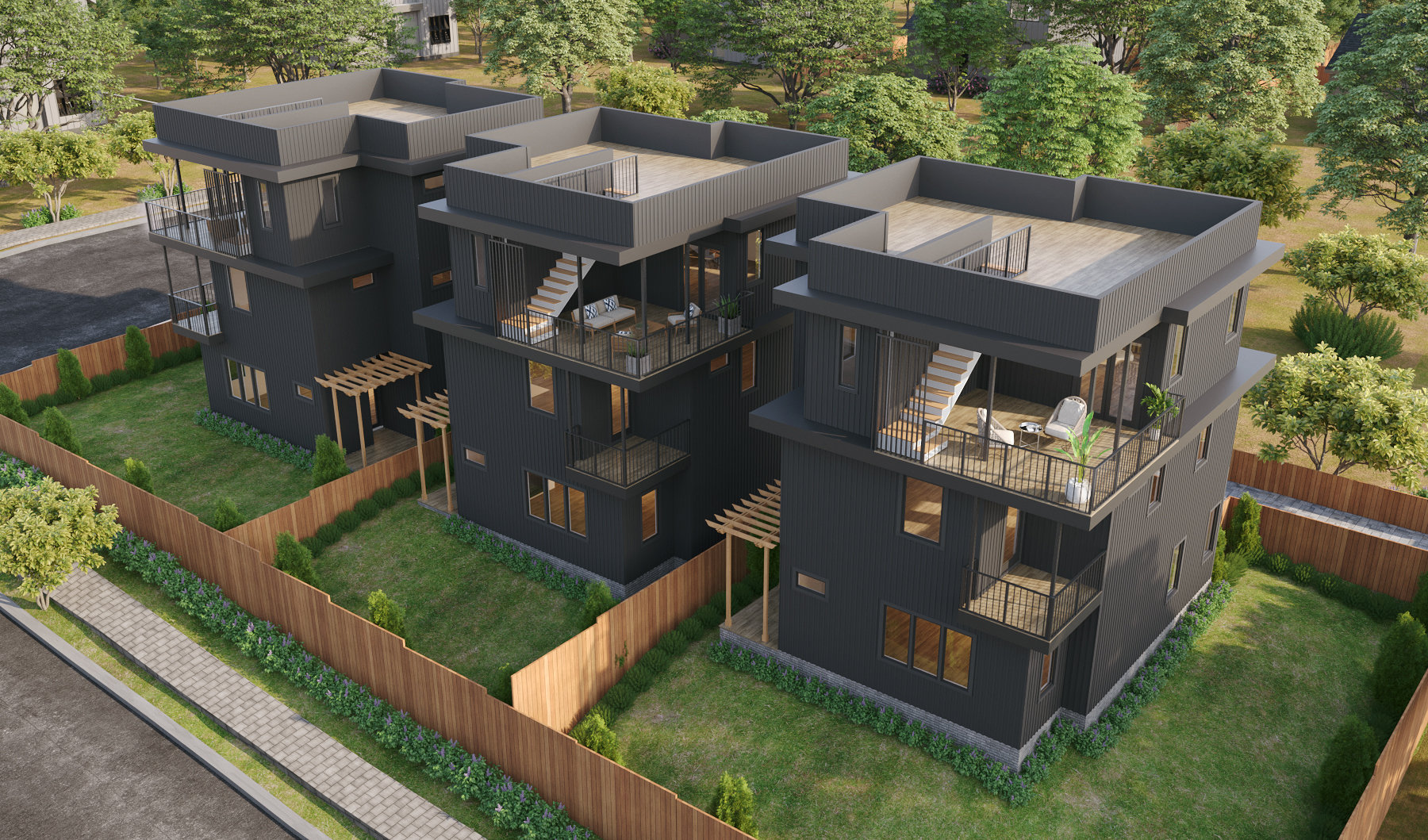 an aerial view of a house with a garden