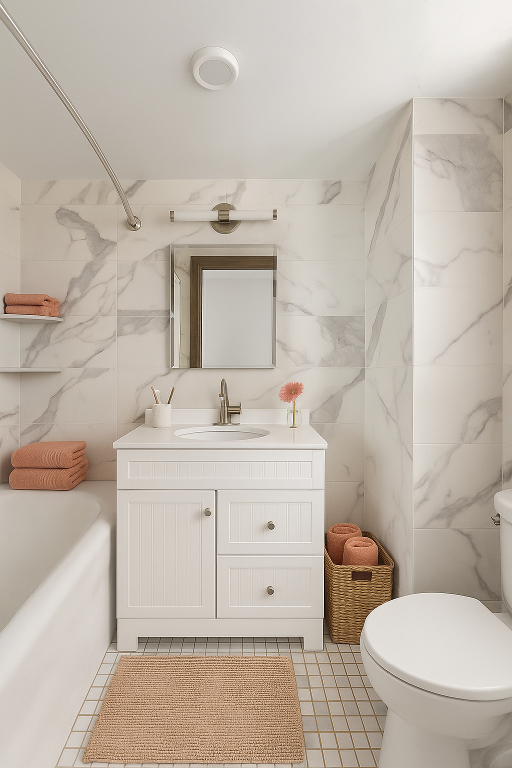 5 Tudor City Place, Unit 1132 Manhattan, NY 10017 - Photo 7 of 9 a bathroom with a sink a toilet and mirror