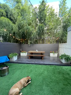 a view of backyard with seating space