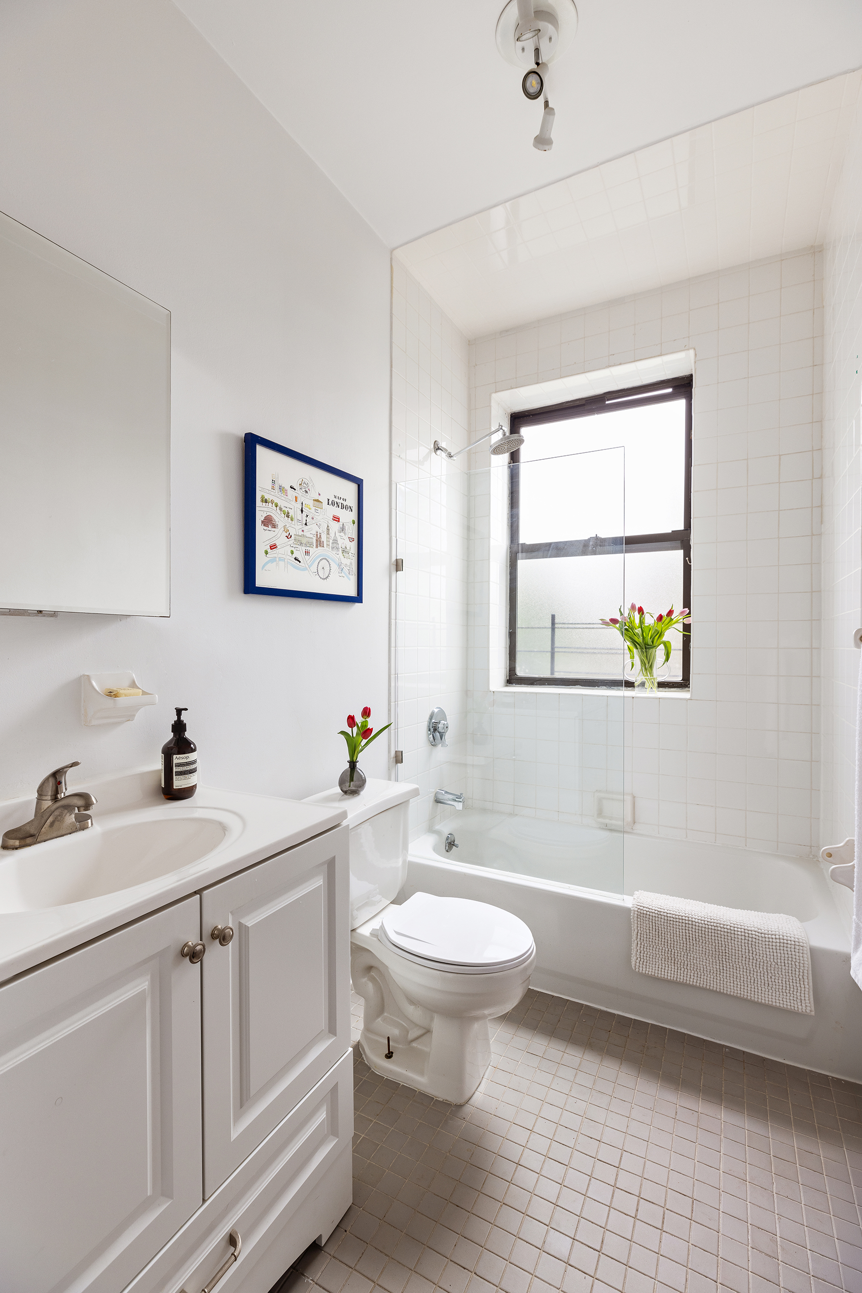 412 Classon Avenue Brooklyn, NY 11238 - Photo 18 of 30 a bathroom with a granite countertop toilet a sink and a bathtub