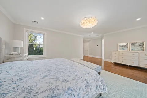 a view of a house with a big yard potted plants and large tree