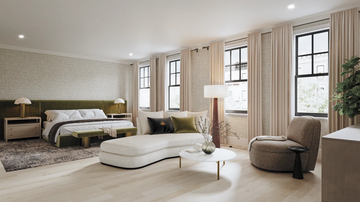 a bedroom with a large bed and windows