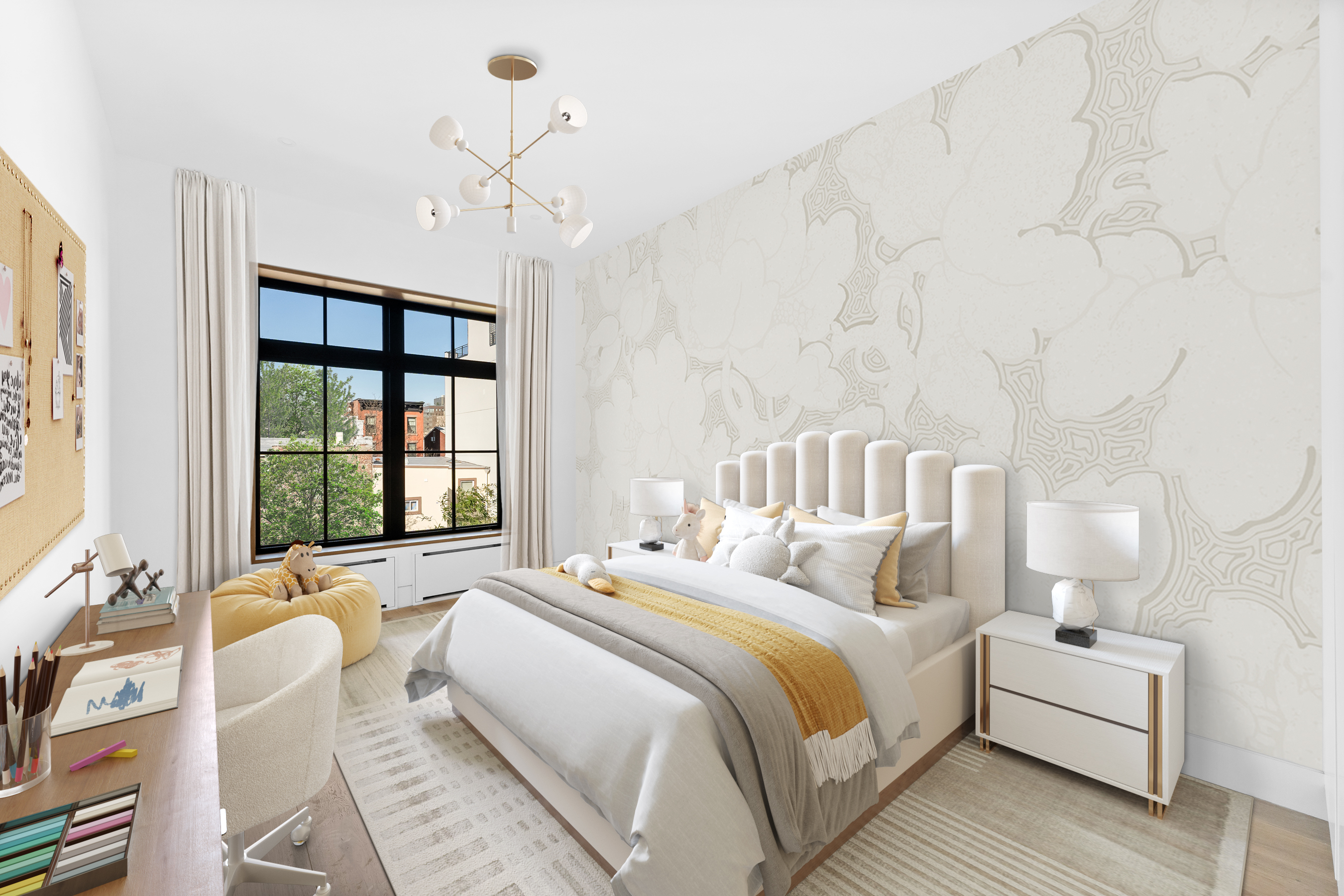 167 13th Street, Unit PH Brooklyn, NY 11215 - Photo 6 of 14 a spacious bedroom with a bed and a chandelier