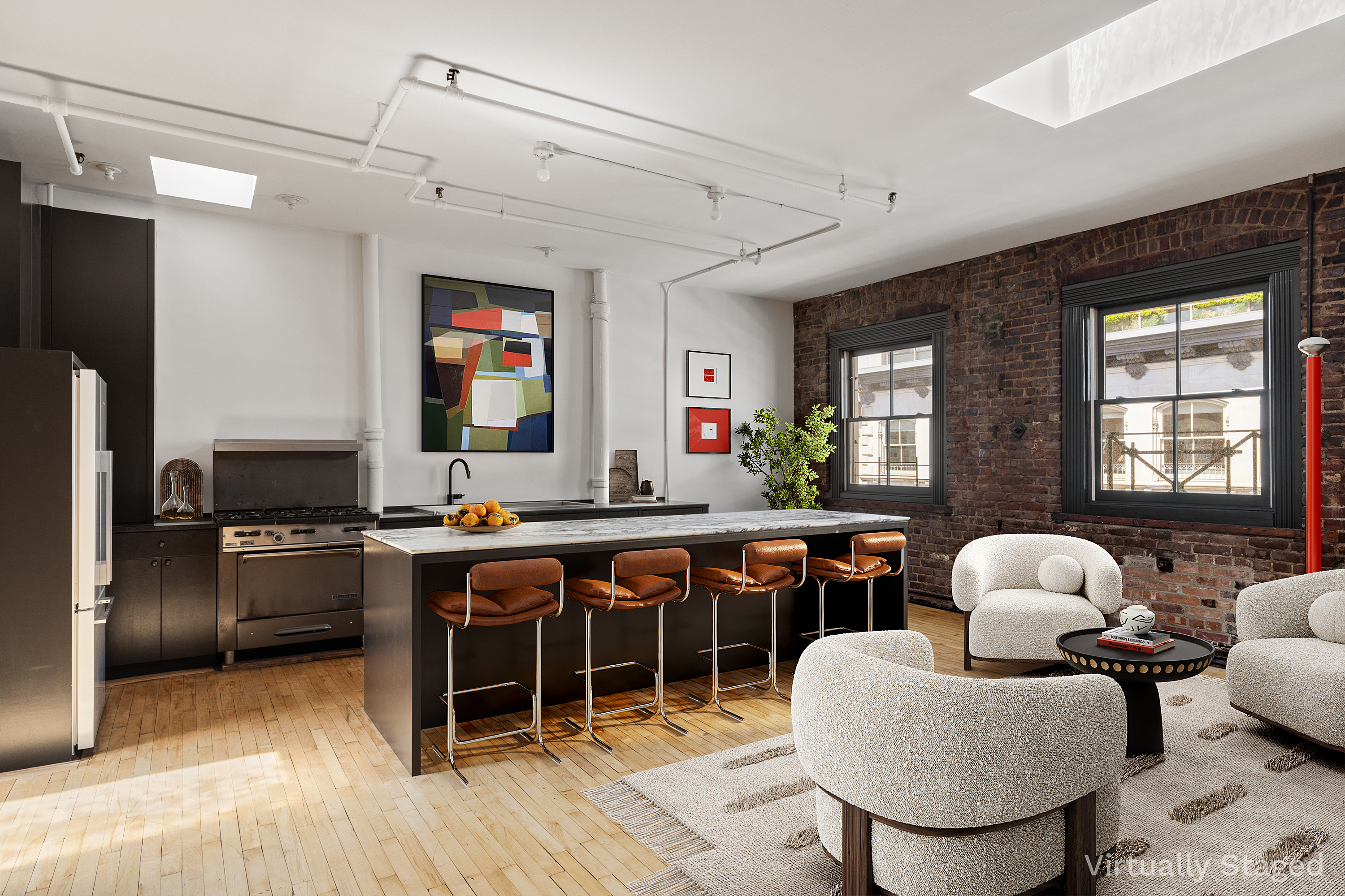 47 Howard Street, Unit 5 Manhattan, NY 10013 - Photo 2 of 9 a living room with furniture a chandelier and a large window