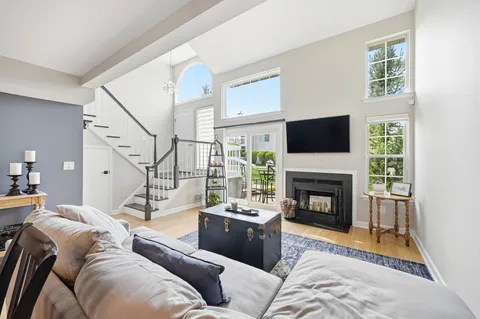 a living room with furniture a rug and a fireplace