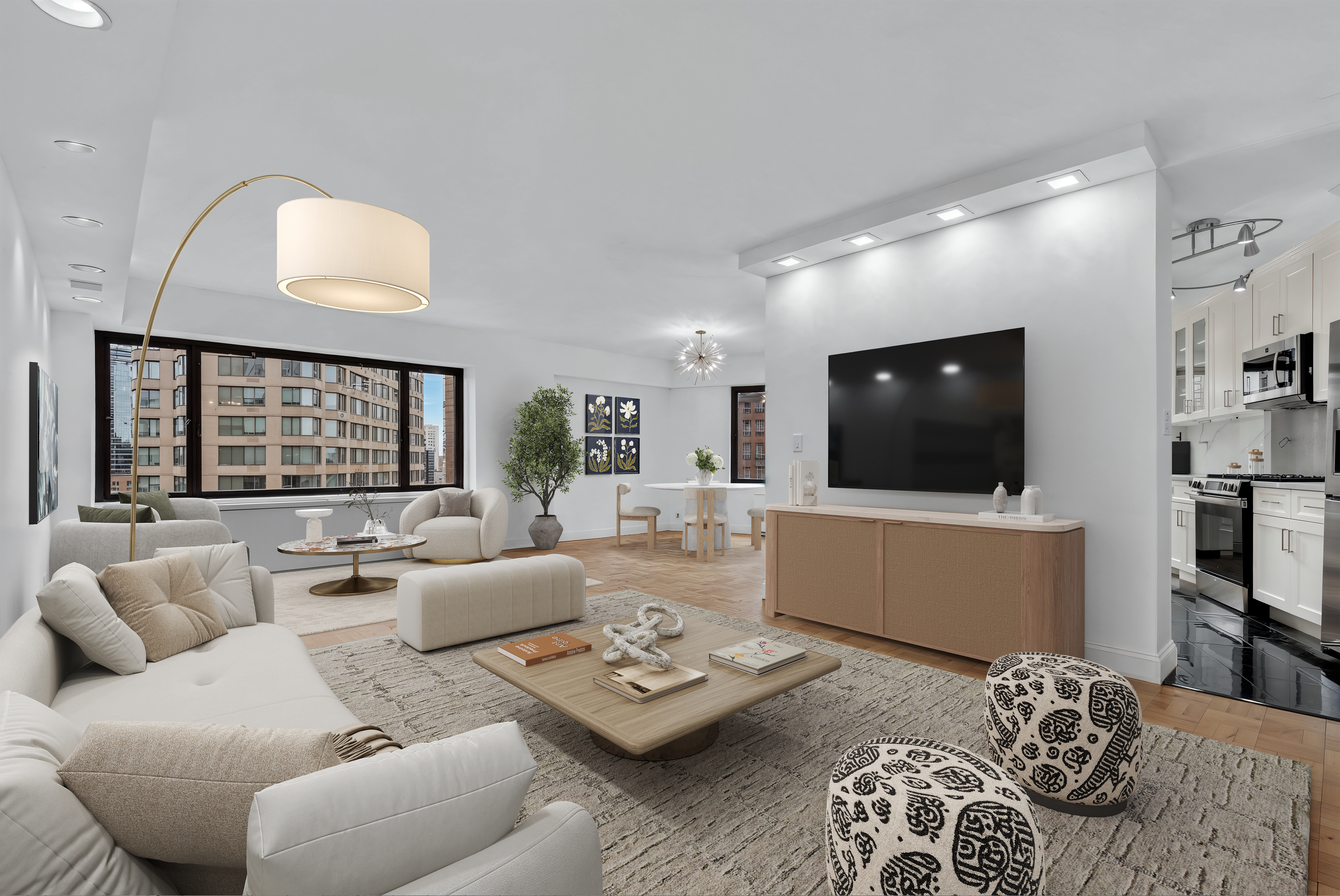 20 West 64th Street, Unit 20K Manhattan, NY 10023 - Photo 2 of 17 a living room with furniture and a flat screen tv
