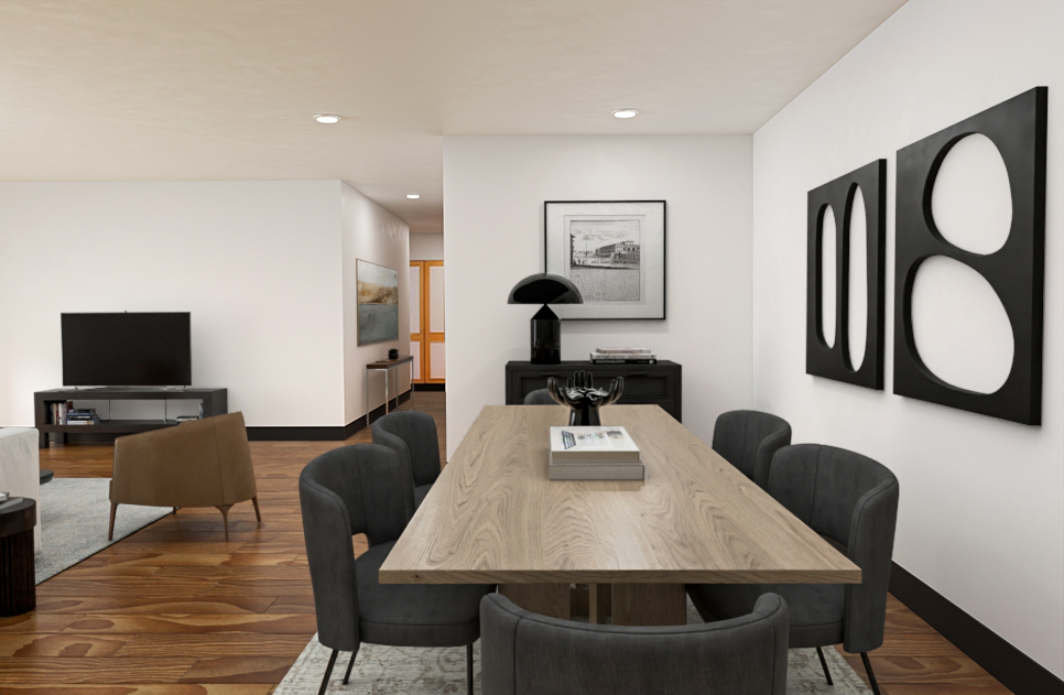 a view of a dining room with furniture and wooden floor