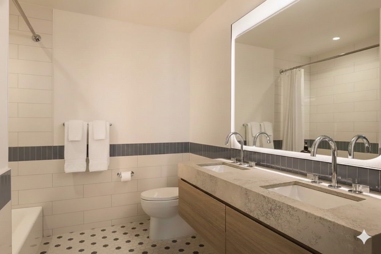 55 Suffolk Street, Unit 1112 Manhattan, NY 10002 - Photo 2 of 11 a bathroom with a sink a toilet and shower