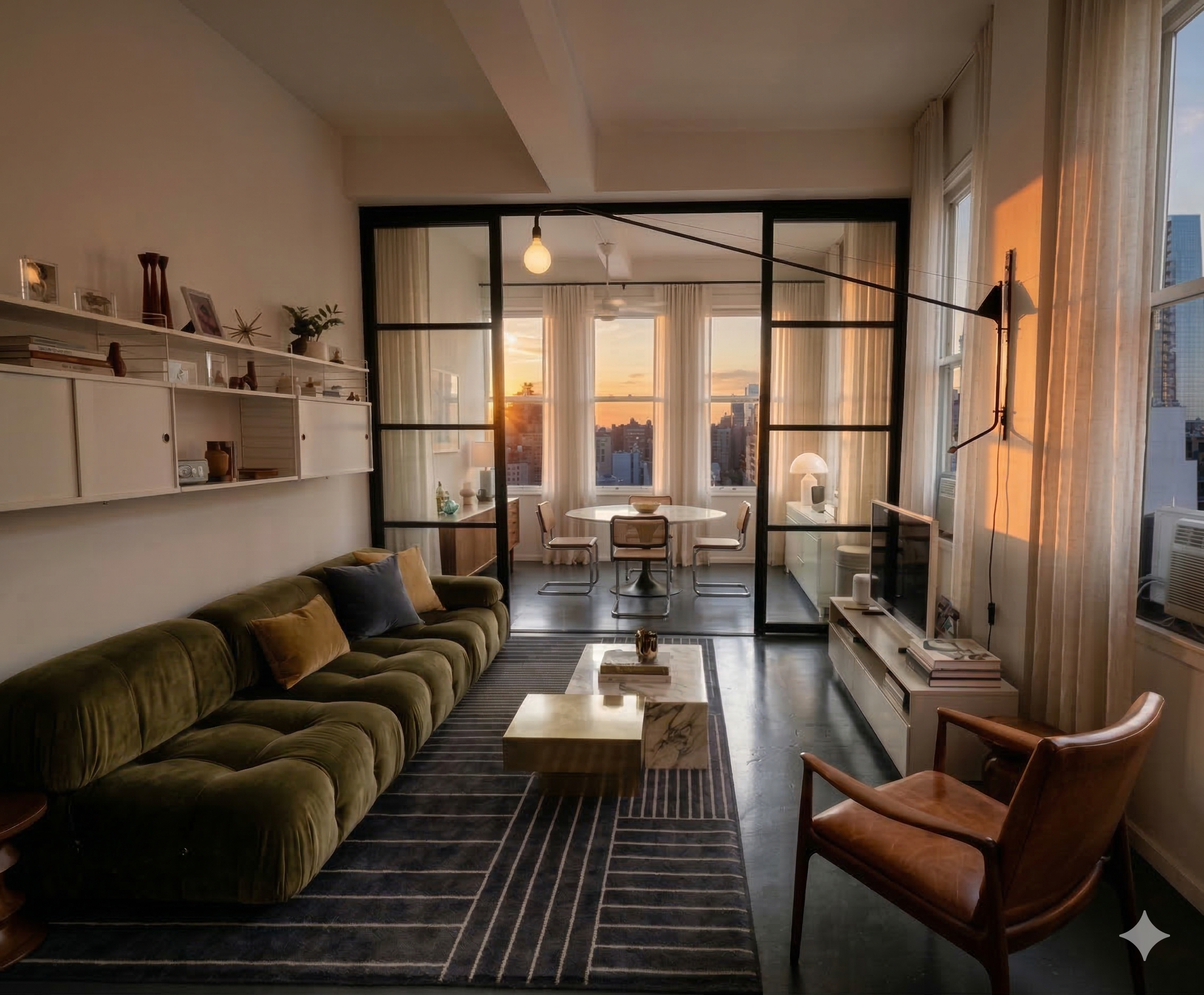a living room with furniture or couch and a floor to ceiling window