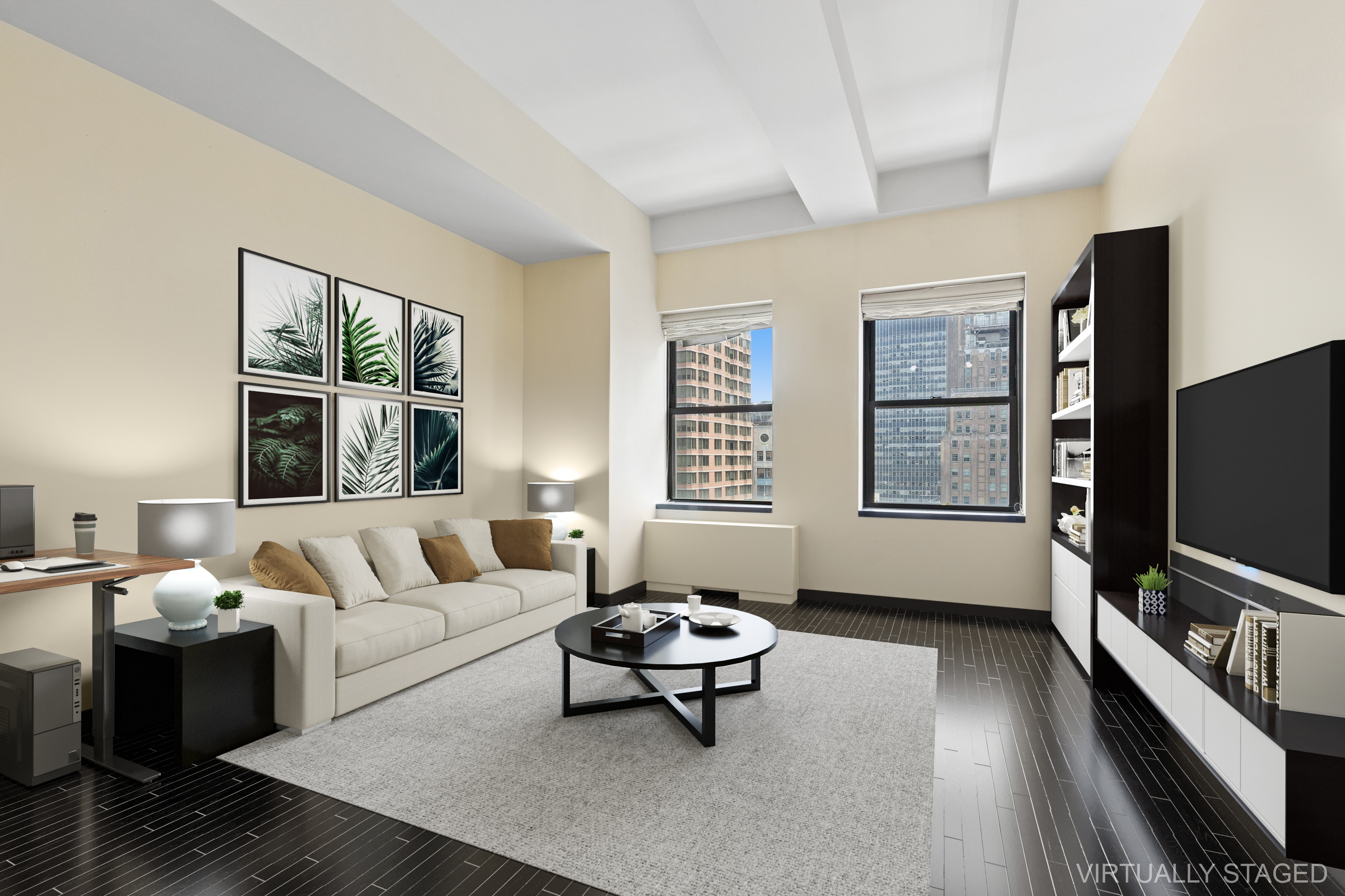 a living room with furniture a flat screen tv and a window