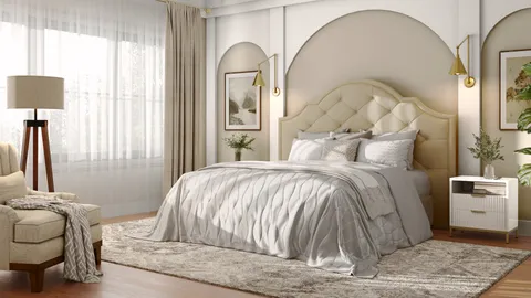 a bedroom with a bed and a mirror