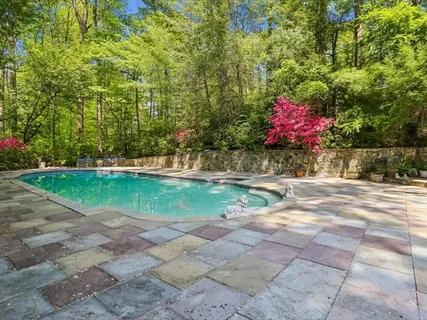 a view of backyard with green space and fountain