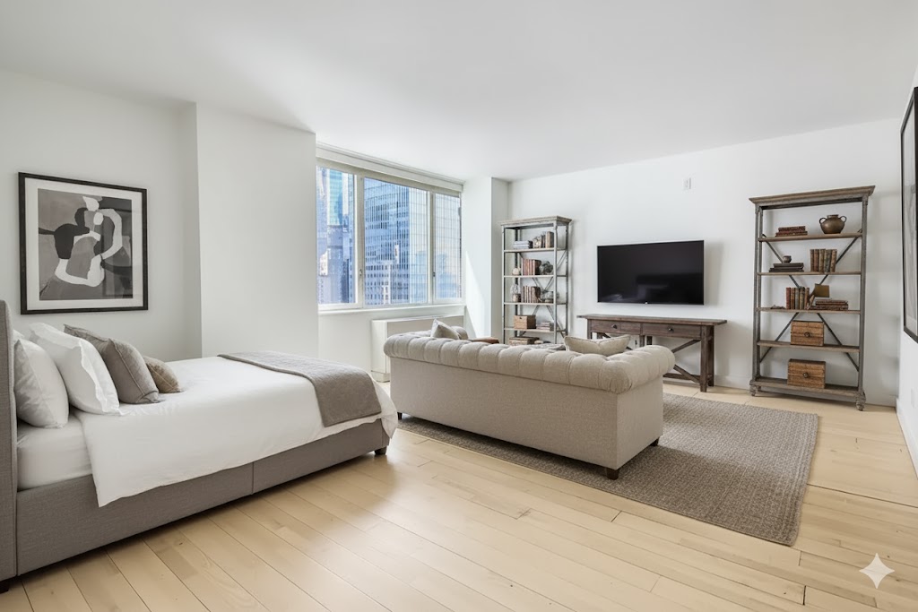322 West 57th Street, Unit 38Q Manhattan, NY 10019 - Photo 1 of 16 a living room with furniture and a flat screen tv