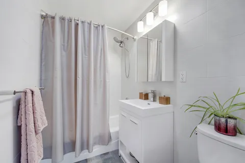 a bathroom with a sink a mirror and a shower curtain