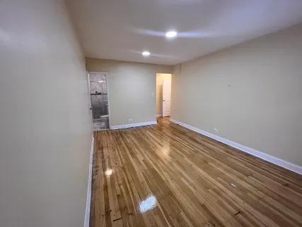 a view of empty room with wooden floor