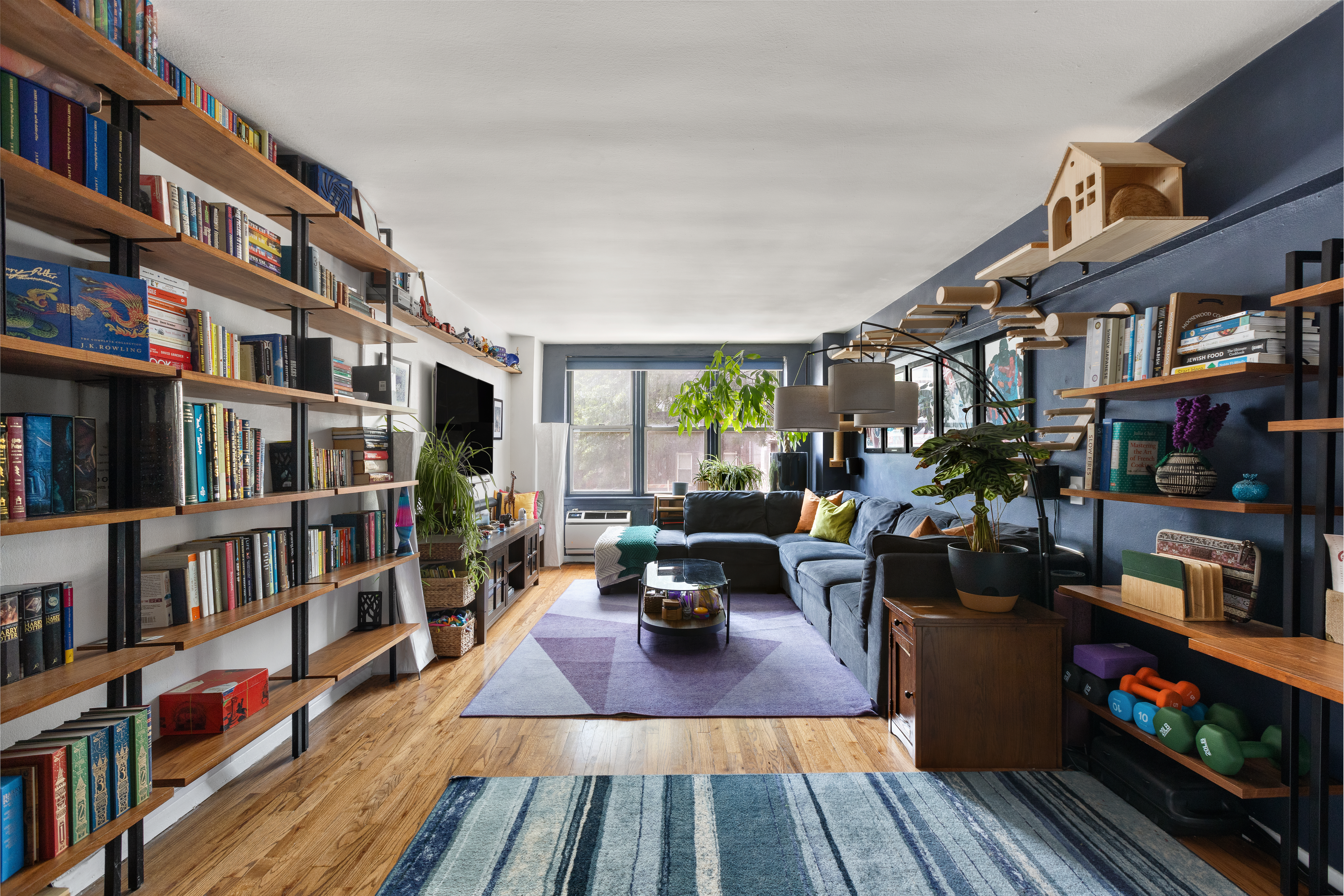 a living room with lots of furniture and a book shelf