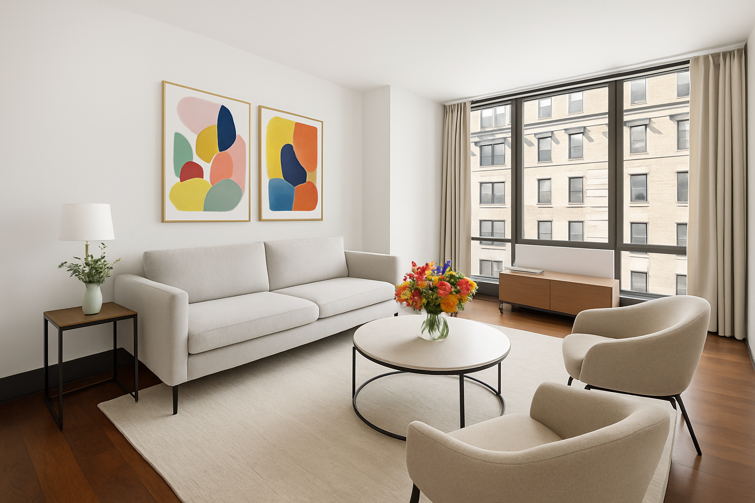 a living room with furniture and a large window with wooden floor