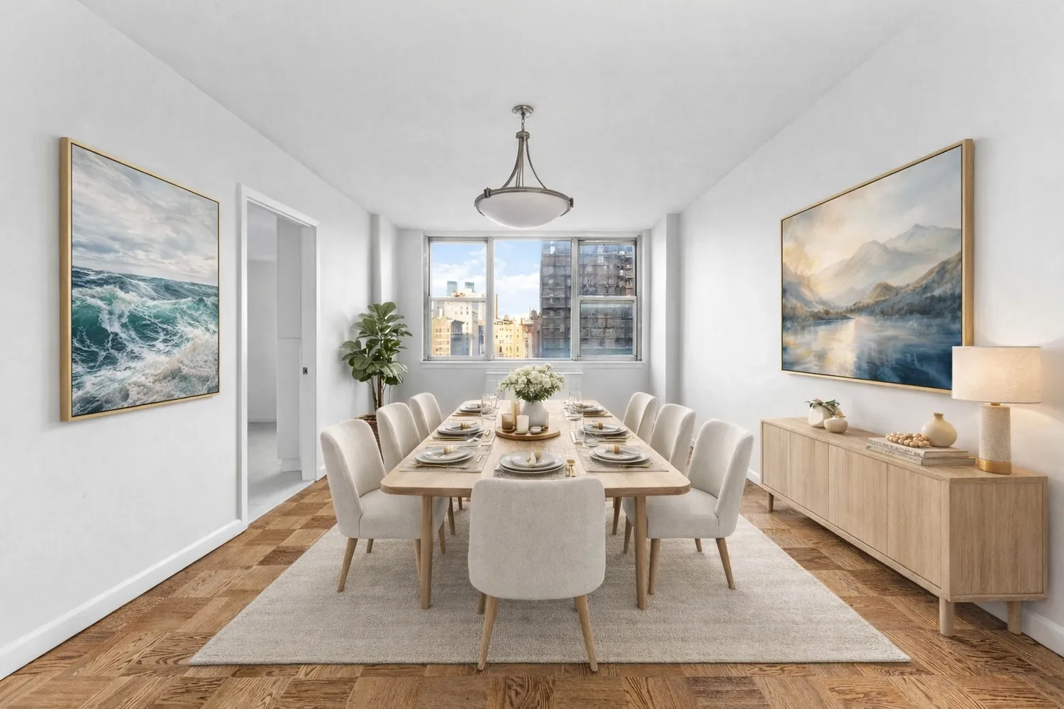a view of a dining room with furniture window and wooden floor