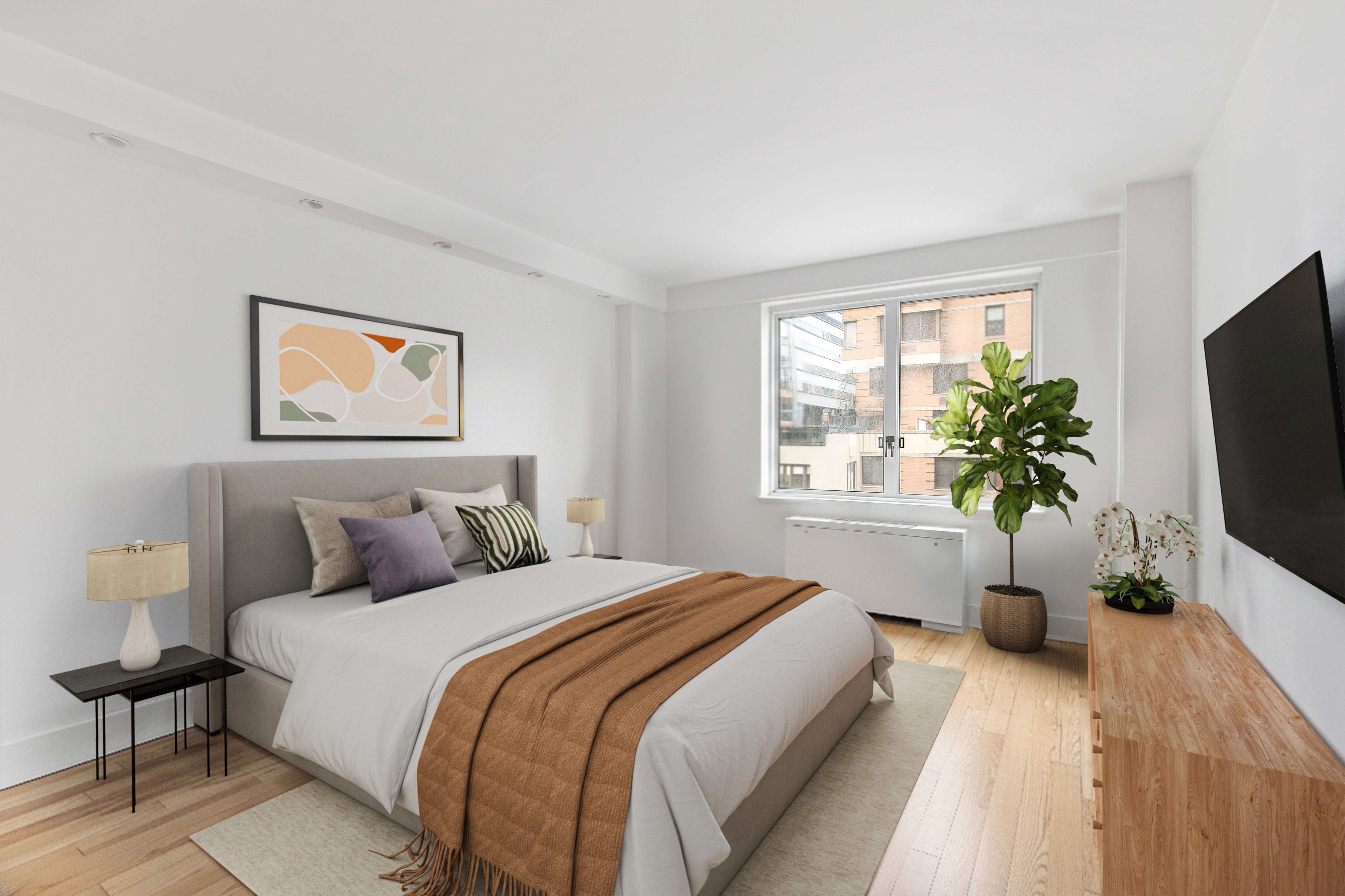 201 East 25th Street, Unit 7F Manhattan, NY 10010 - Photo 4 of 10 a bedroom with a balcony a bed and a flat screen television